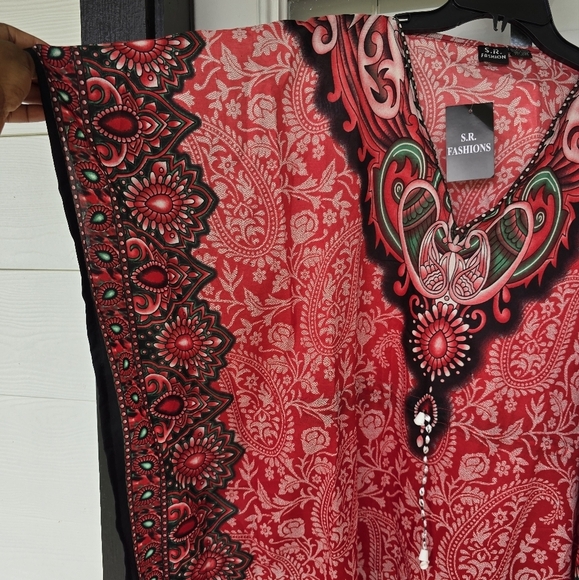 Indian Boho Paisley Kaftan Flowy Dress One Size Women Red Black Art To Wear New - Picture 4 of 13